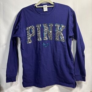 Victorias Secret PINK Purple w Silver Sequin Logo Tunic Crew Tee Long Sleeve Top